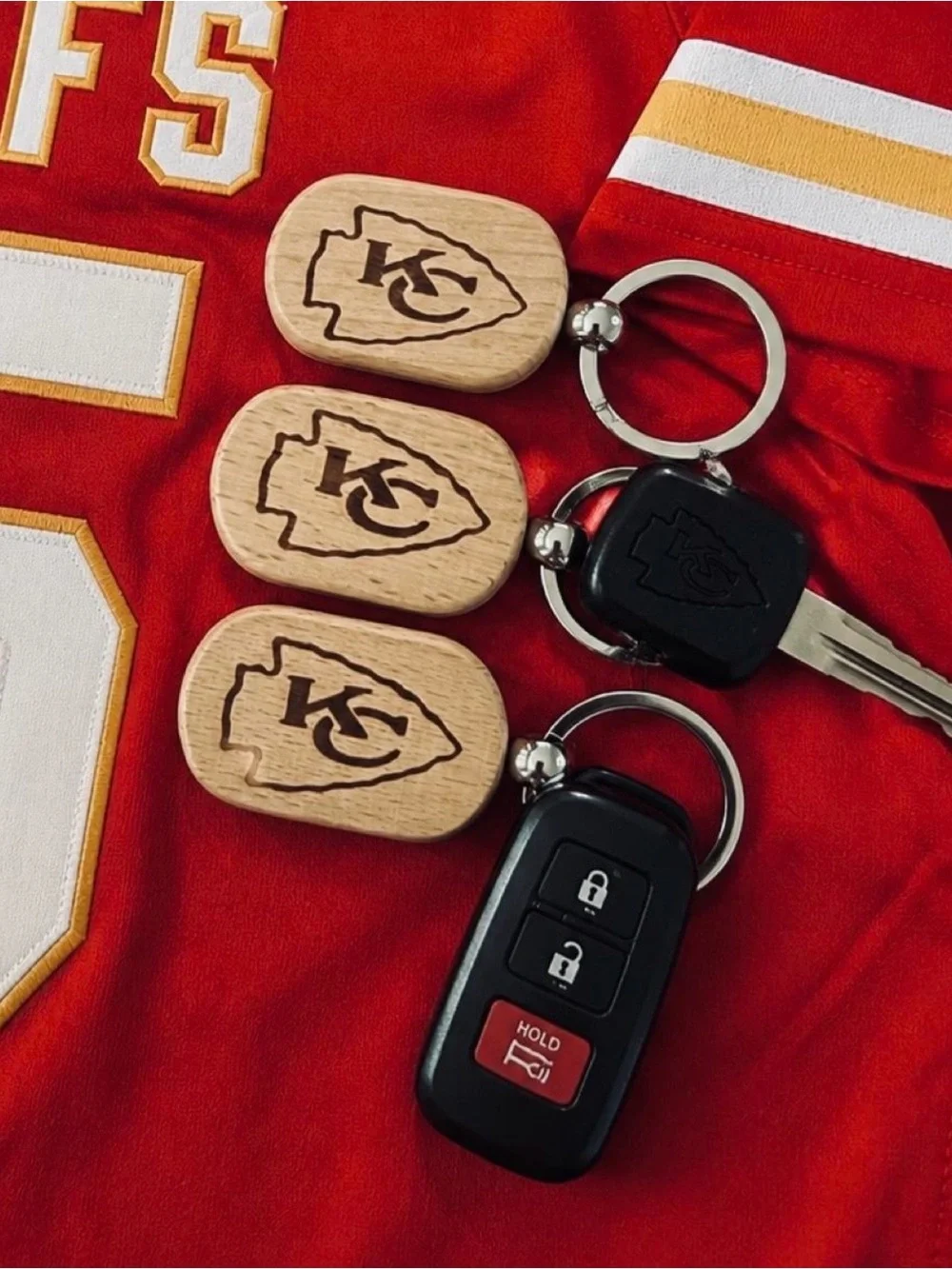 Set of 3 Kansas City Themed Engraved Wood Keychain - Natural Wood